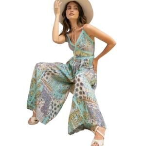 Anthropologie Barok Jumpsuit Embroidered Lace Printed Wide Leg Multi Boho Large